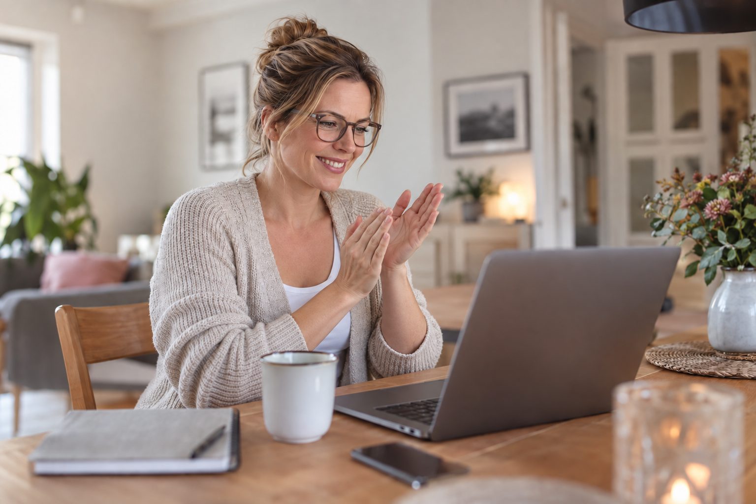 Nadine lächelnd und jubelnd vor ihrem Laptop