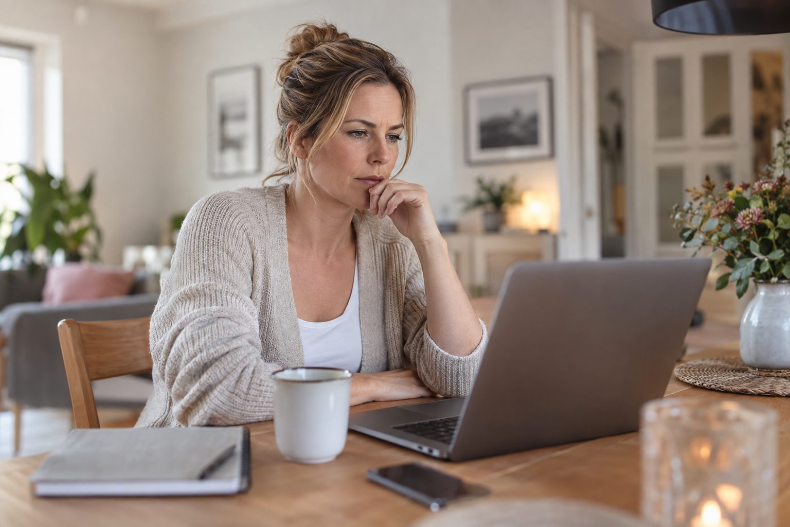 Nadine nachdenklich beim Überprüfen ihrer Finanzen am Laptop